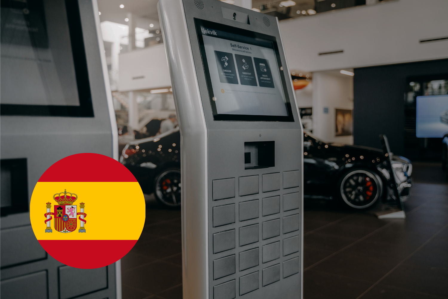 Self-service kiosk with touchscreen in a car showroom, with a Spanish flag graphic overlaid in the foreground.