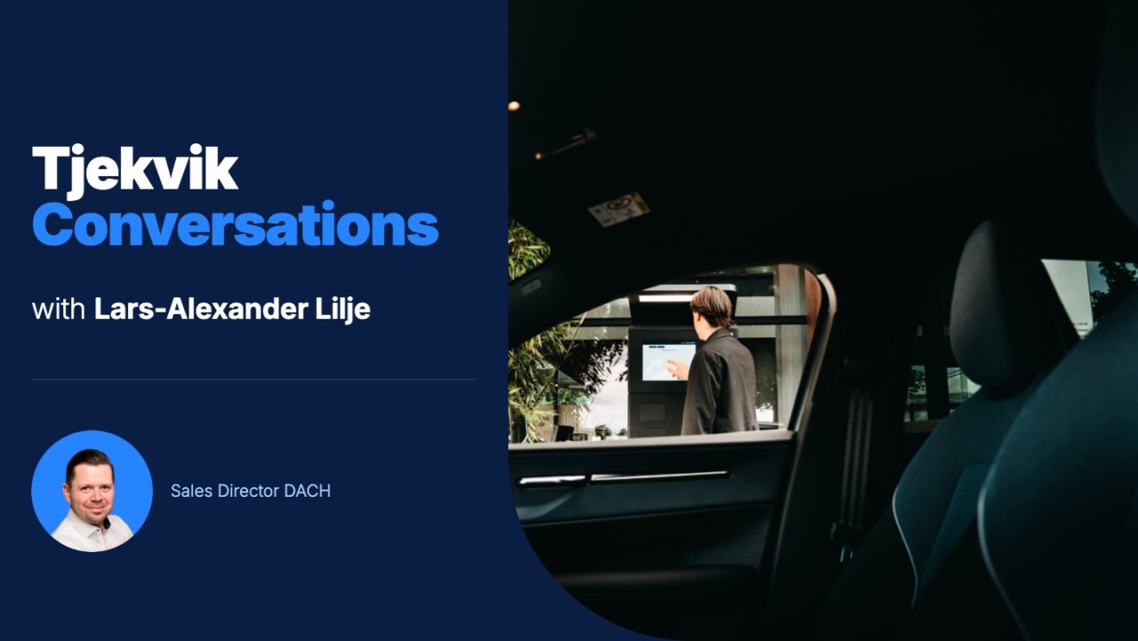 Podcast cover for 'Tjekvik Conversations' with Lars-Alexander Lilje; left side dark blue panel with text, right side car interior at a drive-thru window with a man at a kiosk.