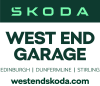 Skoda West End Garage logo showing the brand name, with locations Edinburgh, Dunfermline, Stirling and the website westendskoda.com
